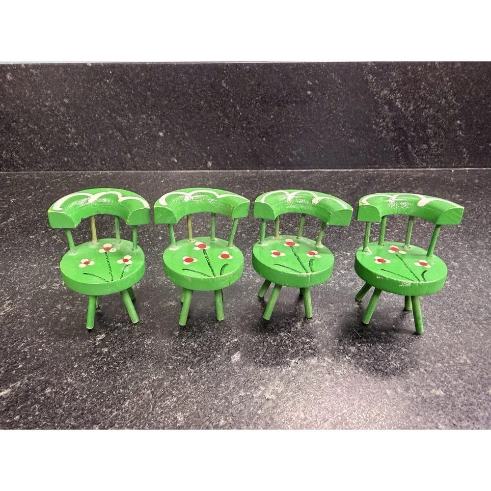 Vintage Miniature Wooden Dollhouse Furniture Set Table & 4 Chairs Folk Art - Picture 5 of 6